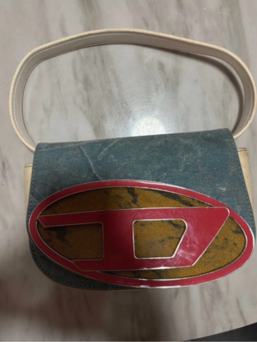 Diesel Blue Denim Shoulder Bag with Cream Handle and Red Accent